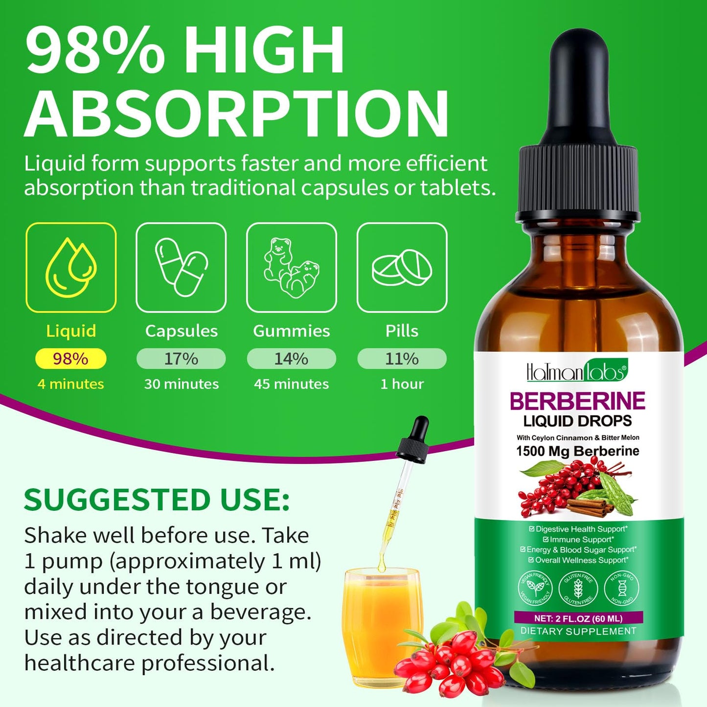Berberine Supplement High Strength Liquid Drops 60ml – 100% Absorption