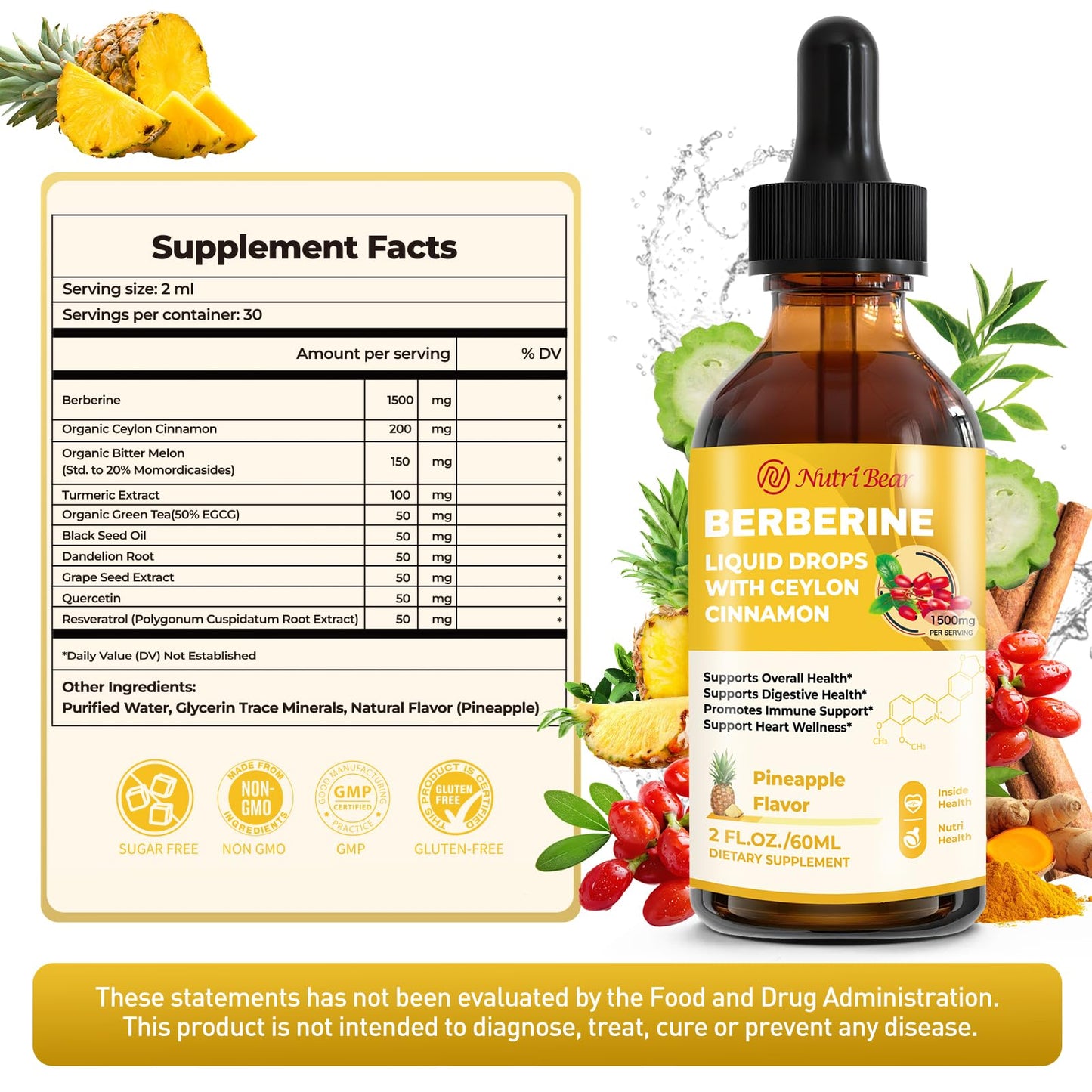 Berberine Liquid Drops with Cinnamon & Turmeric – 2 oz | AMPK, Digestion & Immune Support