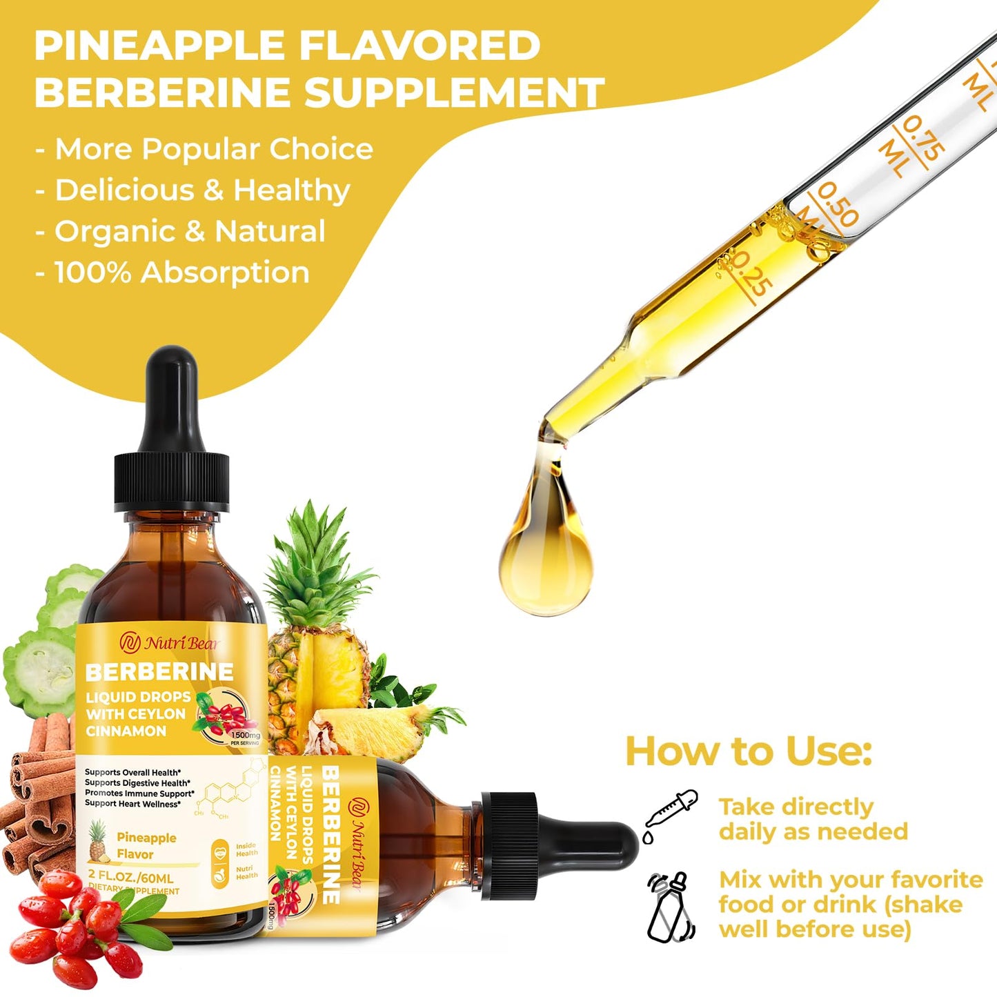 Berberine Liquid Drops with Cinnamon & Turmeric – 2 oz | AMPK, Digestion & Immune Support