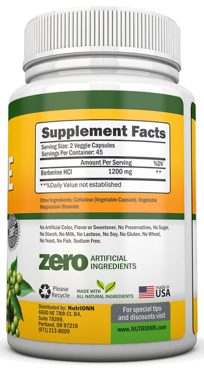 Berberine 1200 mg per Serving | 90 Vegetarian Capsules | Berberine HCl Immune Support