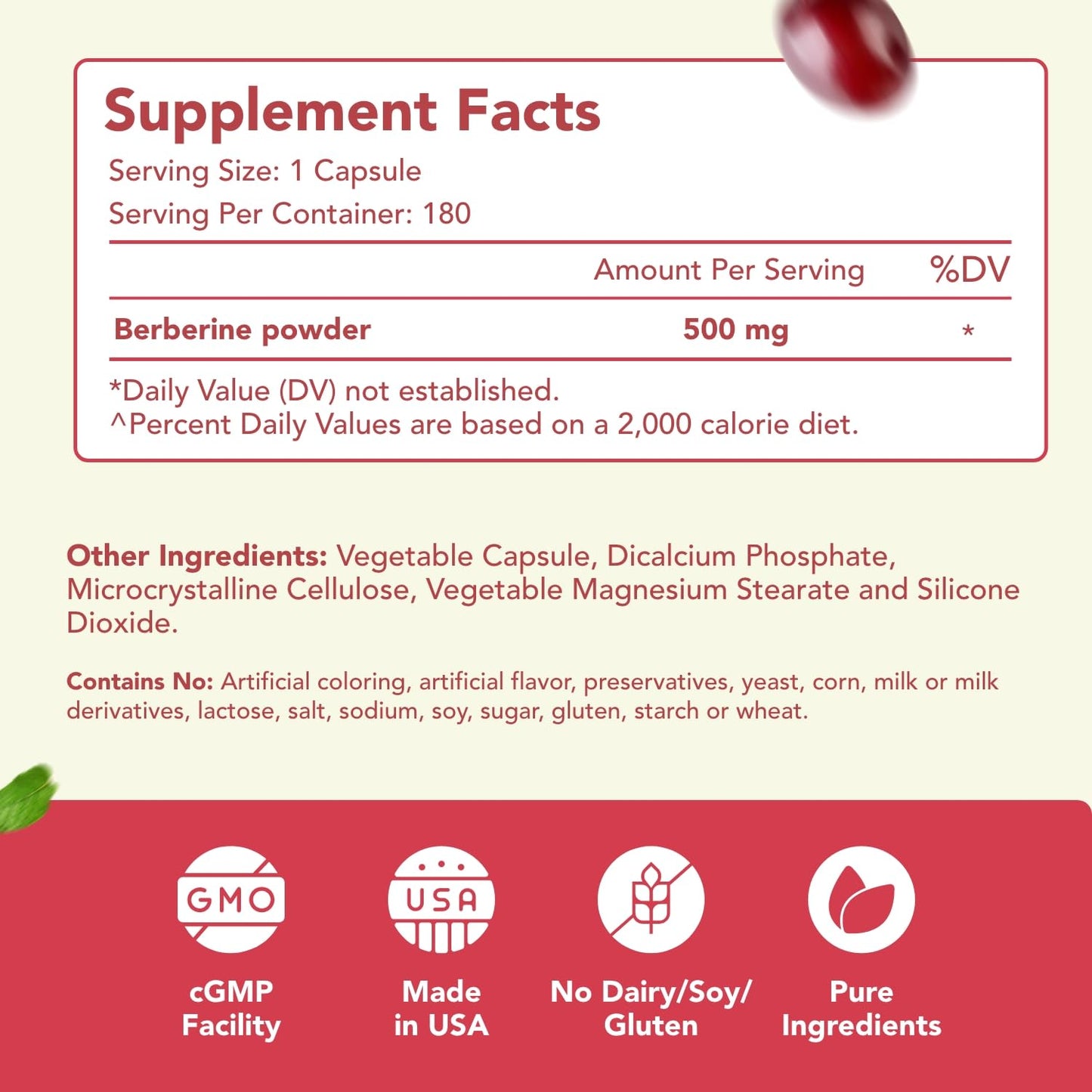 High Strength Berberine 500mg – 180 Servings | Vegan, USA Made Antioxidant Support