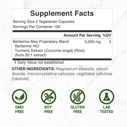 Berberine Max with Turmeric – 5,000mg per Serving | 97% Berberine HCl