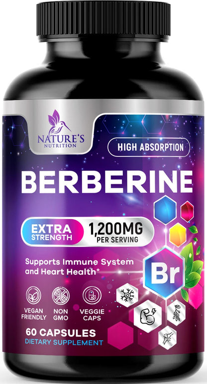 Berberine HCL 1200mg Supplement – High-Absorption Berberine HCL Capsules for Heart Health & Immune Support | Vegan, Gluten-Free, Non-GMO – 60 Veggie Capsules