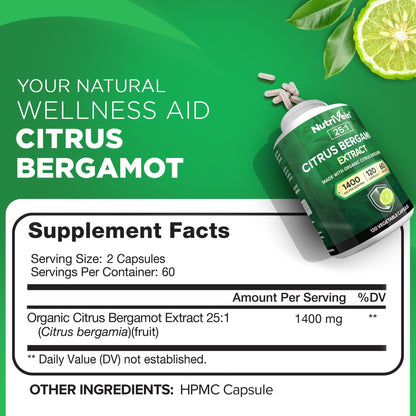 Nutrivein Premium Citrus Bergamot Supplement 1400mg 25:1 Bergamia Extract – 60 Day Supply (120 Capsules) | Heart & Circulatory Support