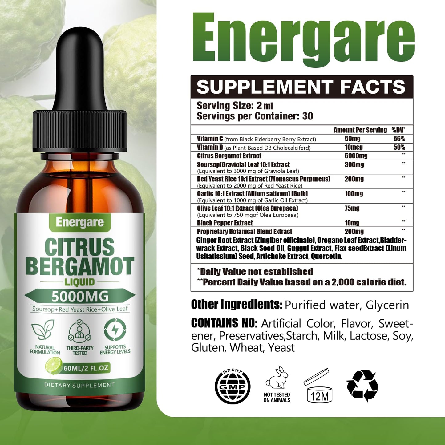 1 Pack 5000MG Citrus Bergamot Liquid Drops – High Cholesterol Support (2 oz) with Soursop & Olive Leaf