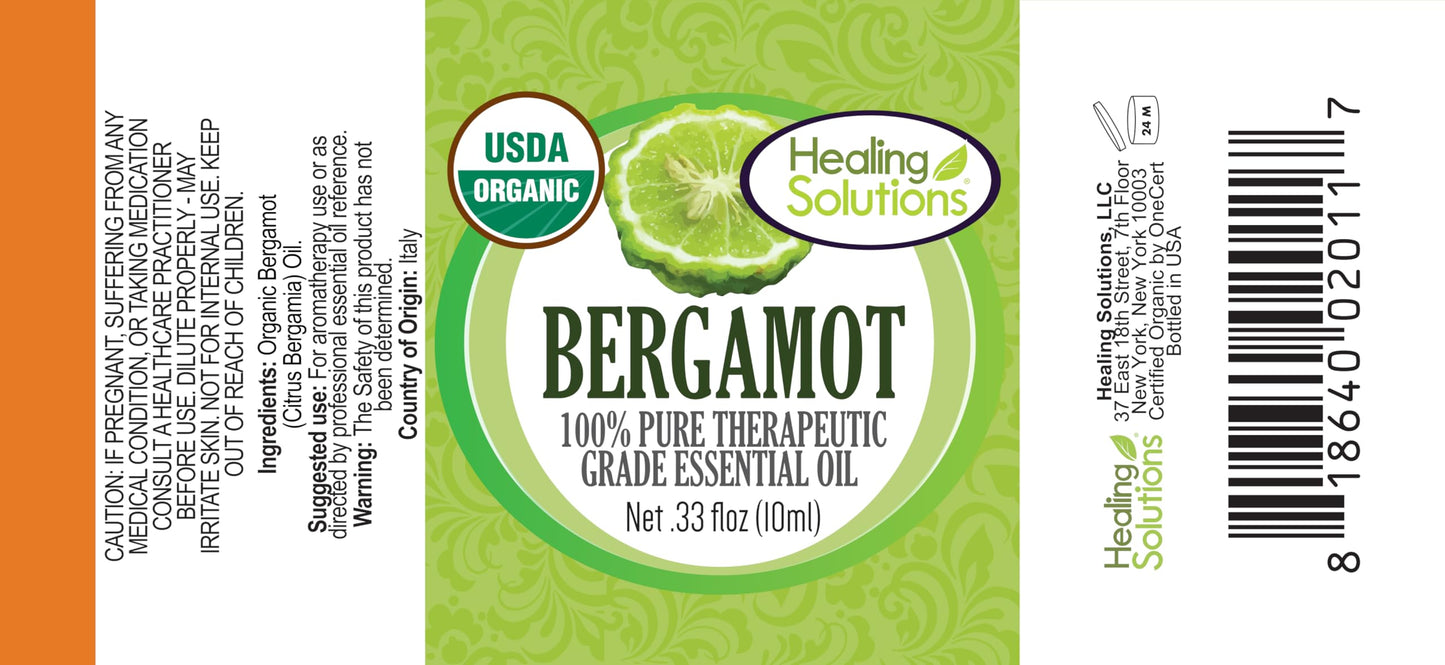 Healing Solutions Bergamot Essential Oil – 0.33 oz Organic, Undiluted