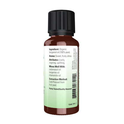 NOW Essential Oils Organic Bergamot Oil — 100% Pure, Cold-Pressed, Sweet Citrus Aroma, 1 oz