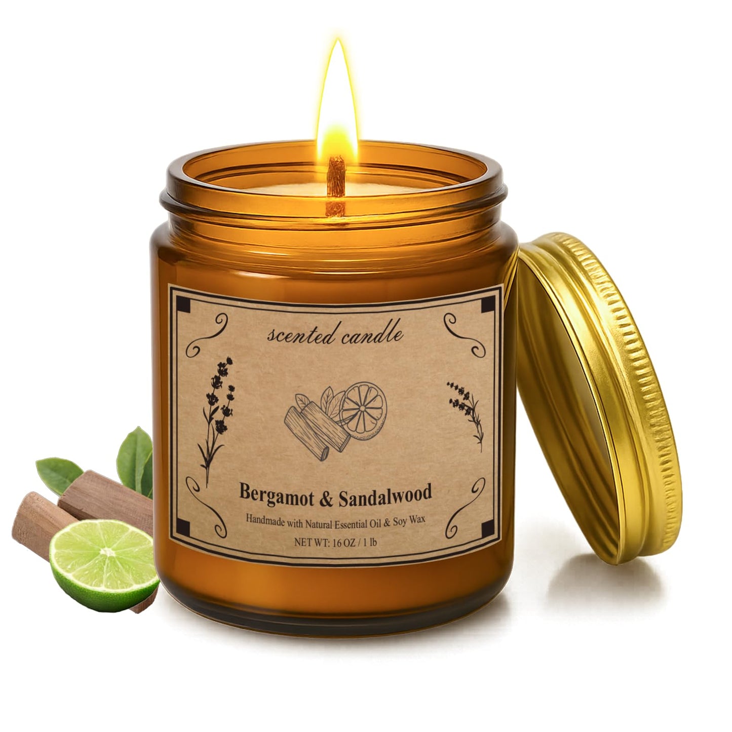 Bergamot & Sandalwood Soy Wax Candle – 16oz Large Jar | Aromatherapy & Relaxation