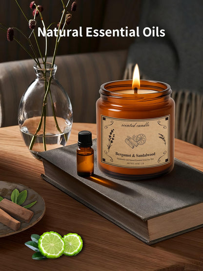 Bergamot & Sandalwood Soy Wax Candle – 16oz Large Jar | Aromatherapy & Relaxation