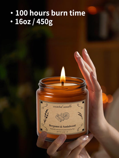 Bergamot & Sandalwood Soy Wax Candle – 16oz Large Jar | Aromatherapy & Relaxation