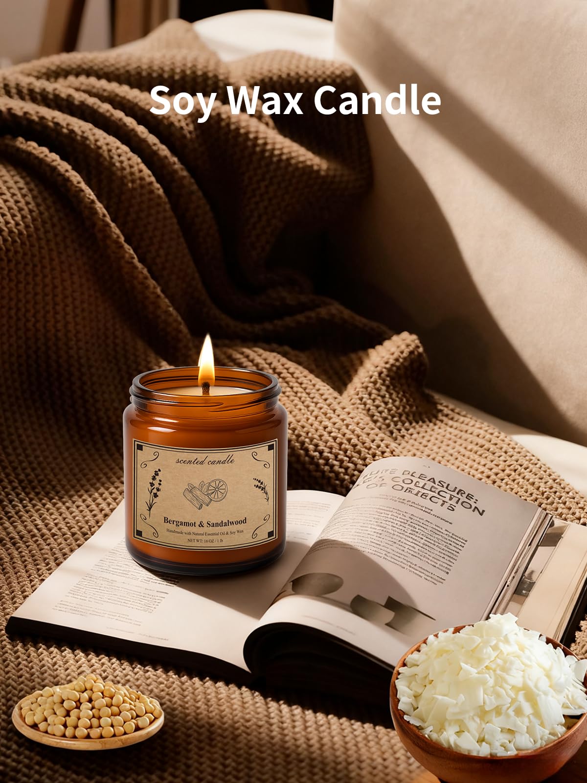 Bergamot & Sandalwood Soy Wax Candle – 16oz Large Jar | Aromatherapy & Relaxation