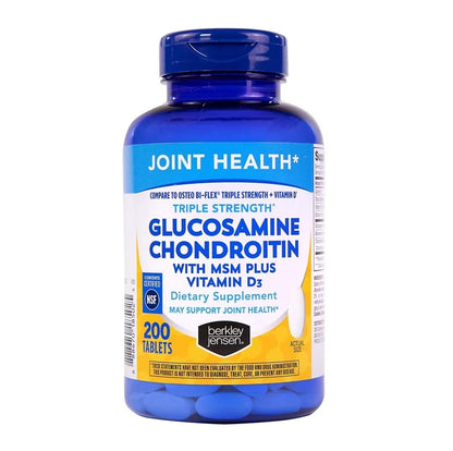 Berkley Jensen Glucosamine Chondroitin MSM – Triple Strength Joint Support, Vitamin D3, 200 Count – NSF Certified