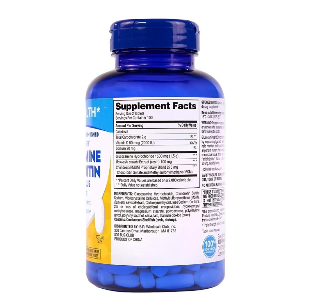 Berkley Jensen Glucosamine Chondroitin MSM – Triple Strength Joint Support, Vitamin D3, 200 Count – NSF Certified