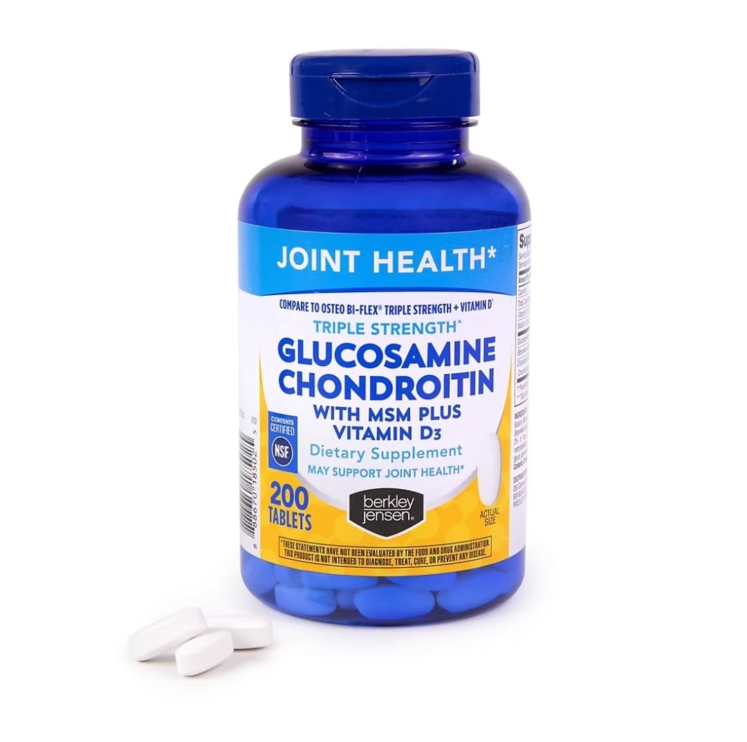 Berkley Jensen Glucosamine Chondroitin MSM – Triple Strength Joint Support, Vitamin D3, 200 Count – NSF Certified