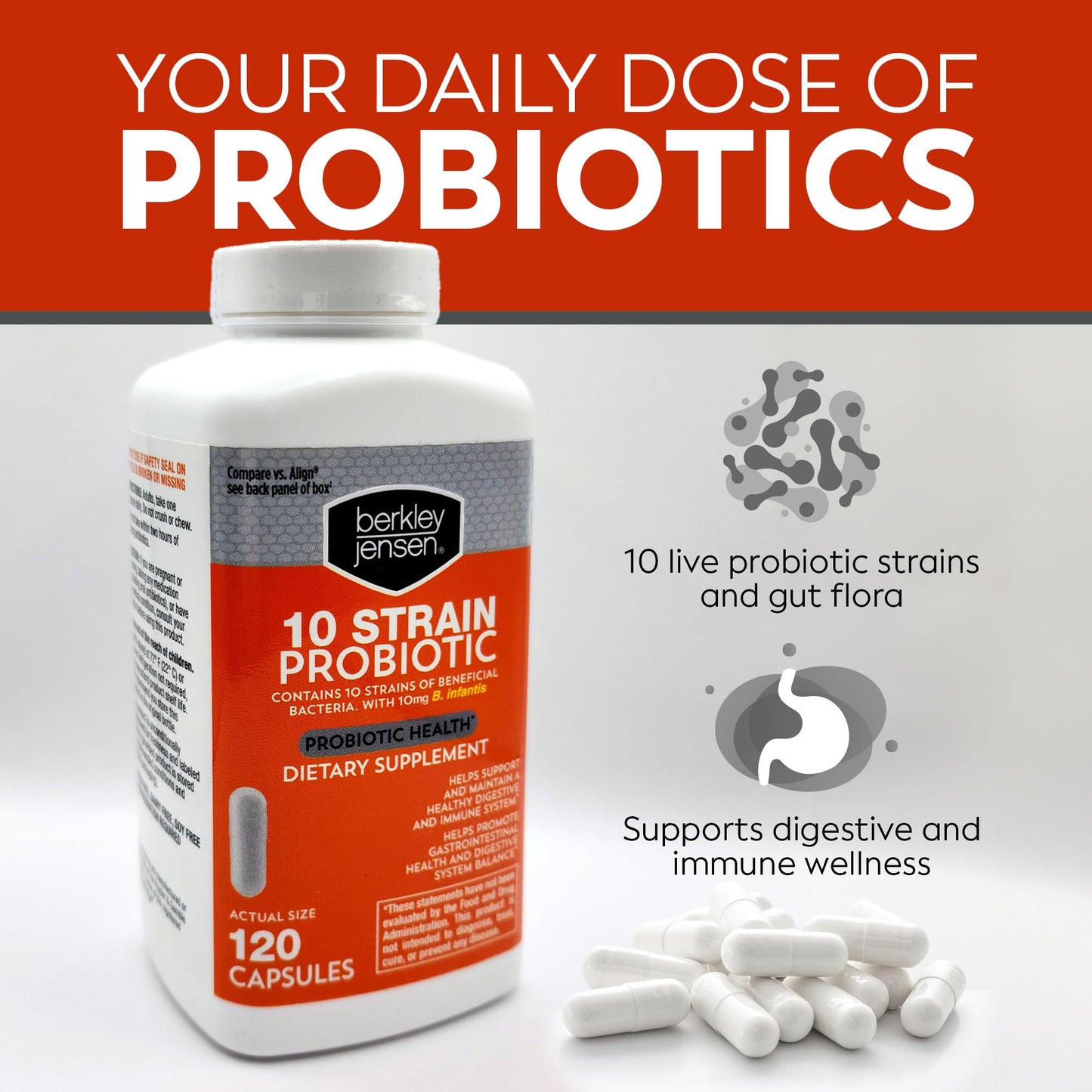 Berkley Jensen Natural 10-Strain Probiotic Supplement - 120 Count, 10 Billion CFUs per Capsule, 17-Week Digestive & Immune Health Support