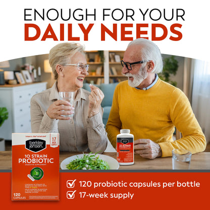 Berkley Jensen Natural 10-Strain Probiotic Supplement - 120 Count, 10 Billion CFUs per Capsule, 17-Week Digestive & Immune Health Support