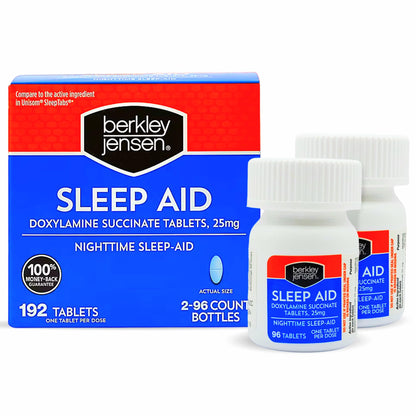 Berkley Jensen Sleep Aid (192 Tablets) – Doxylamine Succinate 25 mg Nighttime Sleep Pills, Non Habit-Forming, Easy to Swallow