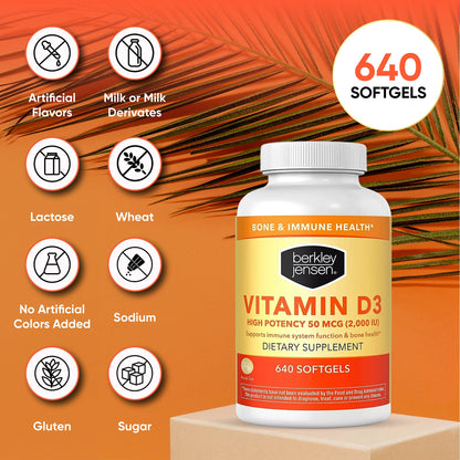 Berkley Jensen Vitamin D3 2000IU (50 mcg) – 640 Softgels, USA Made
