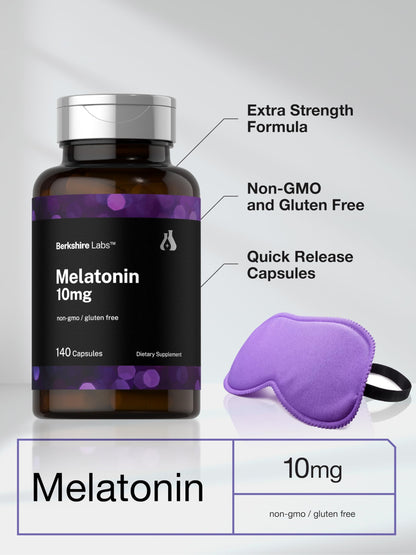 Horbäach Berkshire Labs Melatonin 10mg | 140 Quick Release Capsules | Extra Strength | Non-GMO Gluten Free