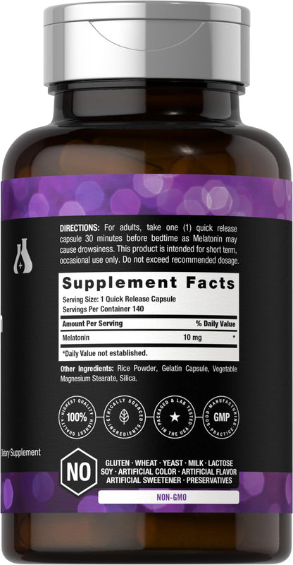Horbäach Berkshire Labs Melatonin 10mg | 140 Quick Release Capsules | Extra Strength | Non-GMO Gluten Free