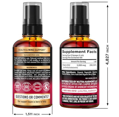 USDA Organic Vitamin B12 Sublingual Spray 5000 mcg - Vegan Methylcobalamin | 2 fl oz | 2 Month Supply