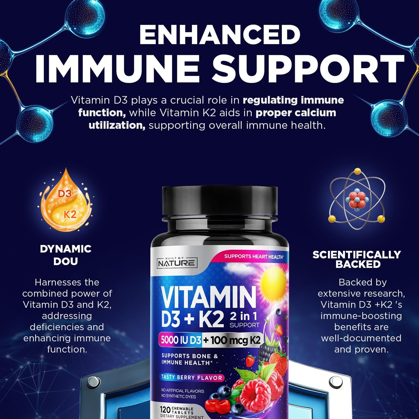 Vitamin D3 K2 Chewable 5000 IU + 100 mcg MK-7 – 2 in 1 Immune, Heart & Bone Support | Berry Flavor | Non-GMO | 120 Tablets