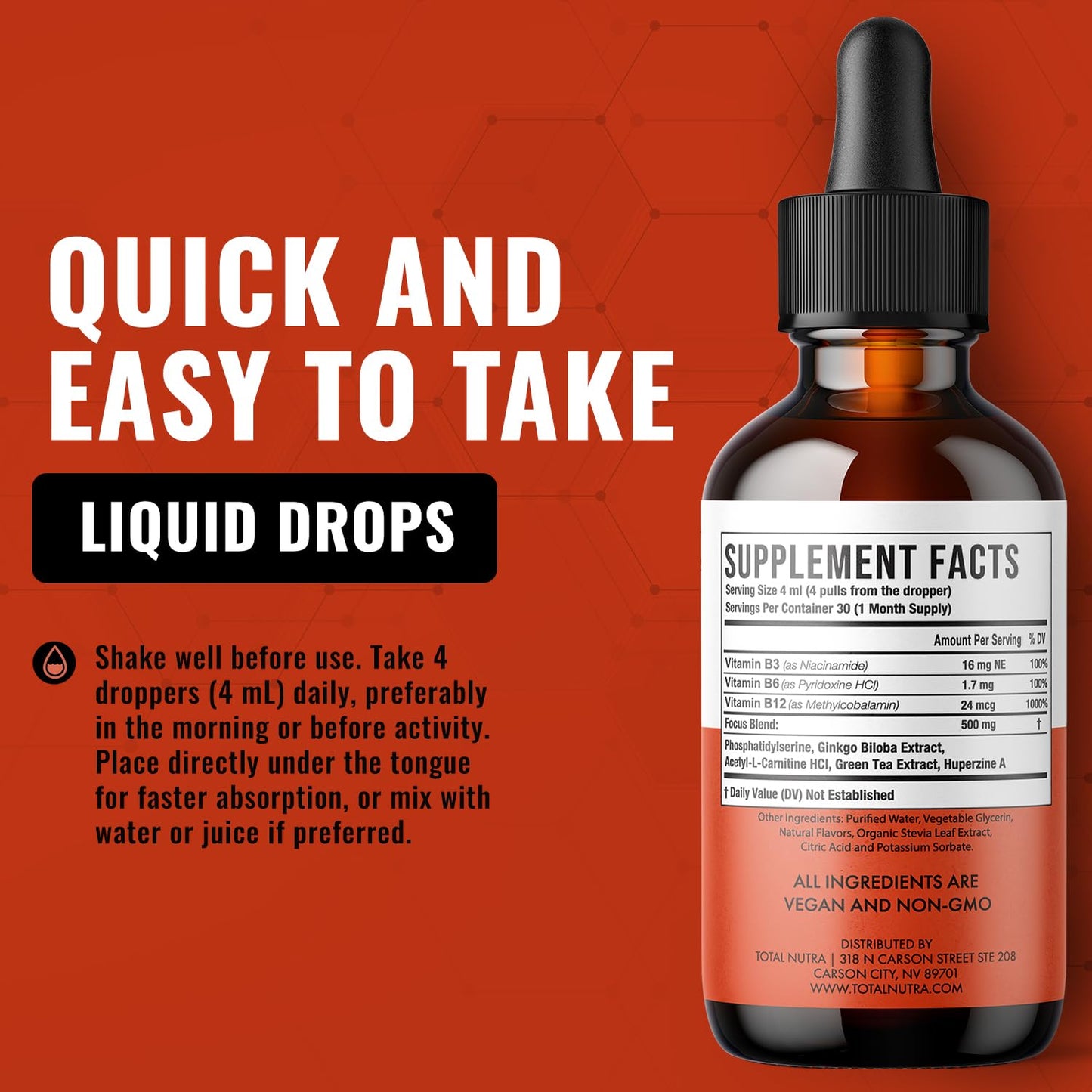 Extra Strength Liquid B12 Drops - Vegan, Non-GMO | B12/B6/B3 for Energy