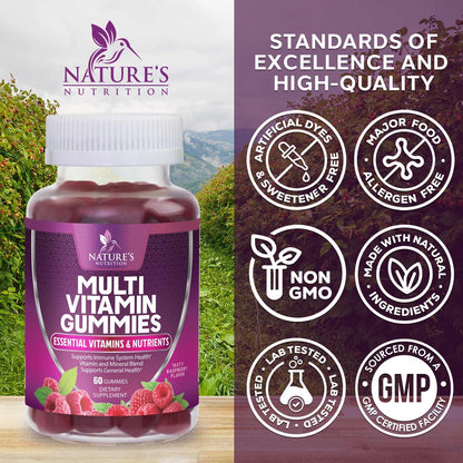 Multivitamin Gummies for Adults – Vitamins A, C, D & B12 | For Women & Men | Nature's Multi VIT Vitamin (60 Gummies)