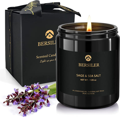 Bersiler Sage & Sea Salt Scented Candles for Men – Aromatherapy, Black Jar