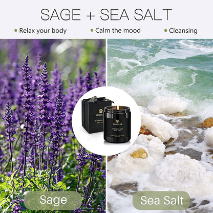 Bersiler Sage & Sea Salt Scented Candles for Men – Aromatherapy, Black Jar