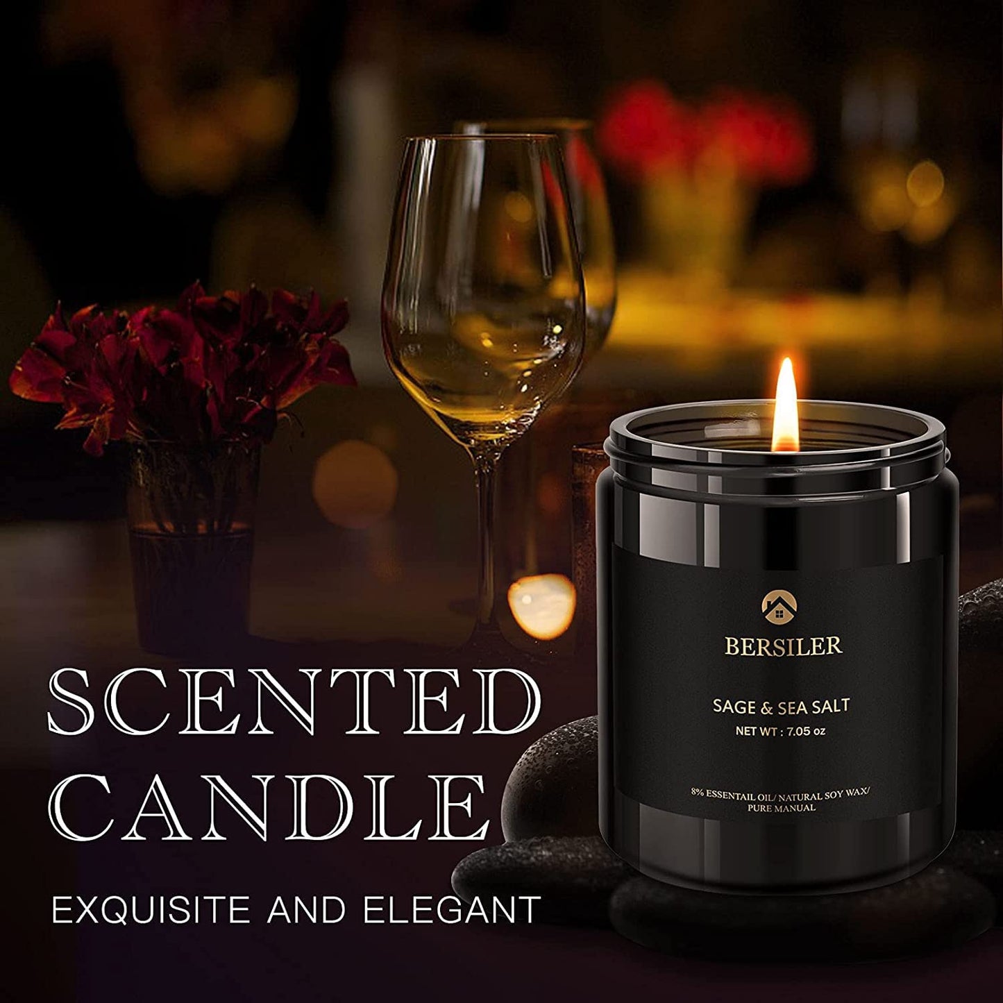 Bersiler Sage & Sea Salt Scented Candles for Men – Aromatherapy, Black Jar