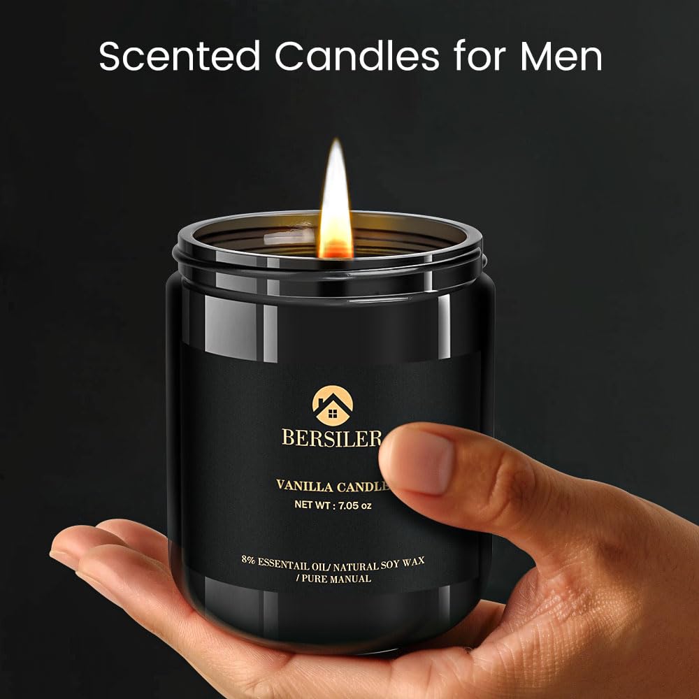 Bersiler Scented Candles for Men - Vanilla Soy Candle, Masculine Black Candles
