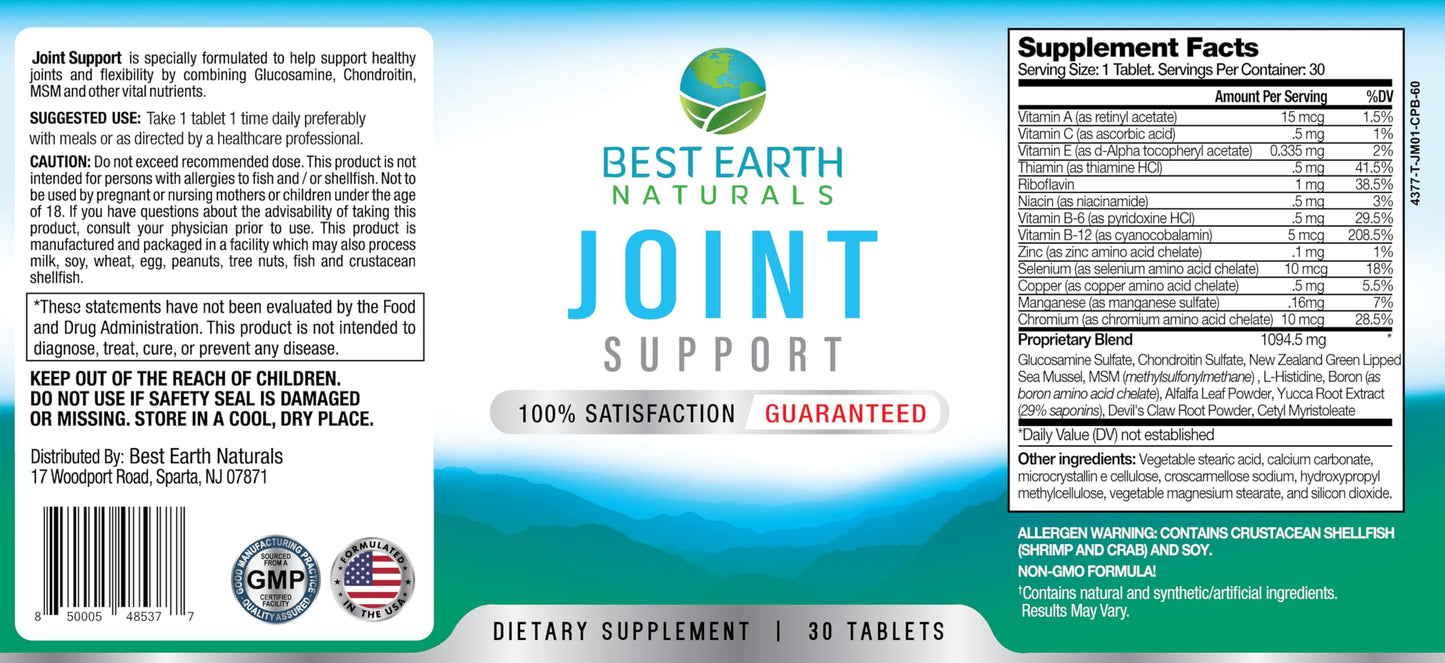 Best Earth Naturals Joint Support- Glucosamine, Chondroitin, MSM & Special Vitamins & Nutrients for Back, Hip & Joint Support - Joint Supplement for Joints, Muscle & Flexibility 30 Day Supply