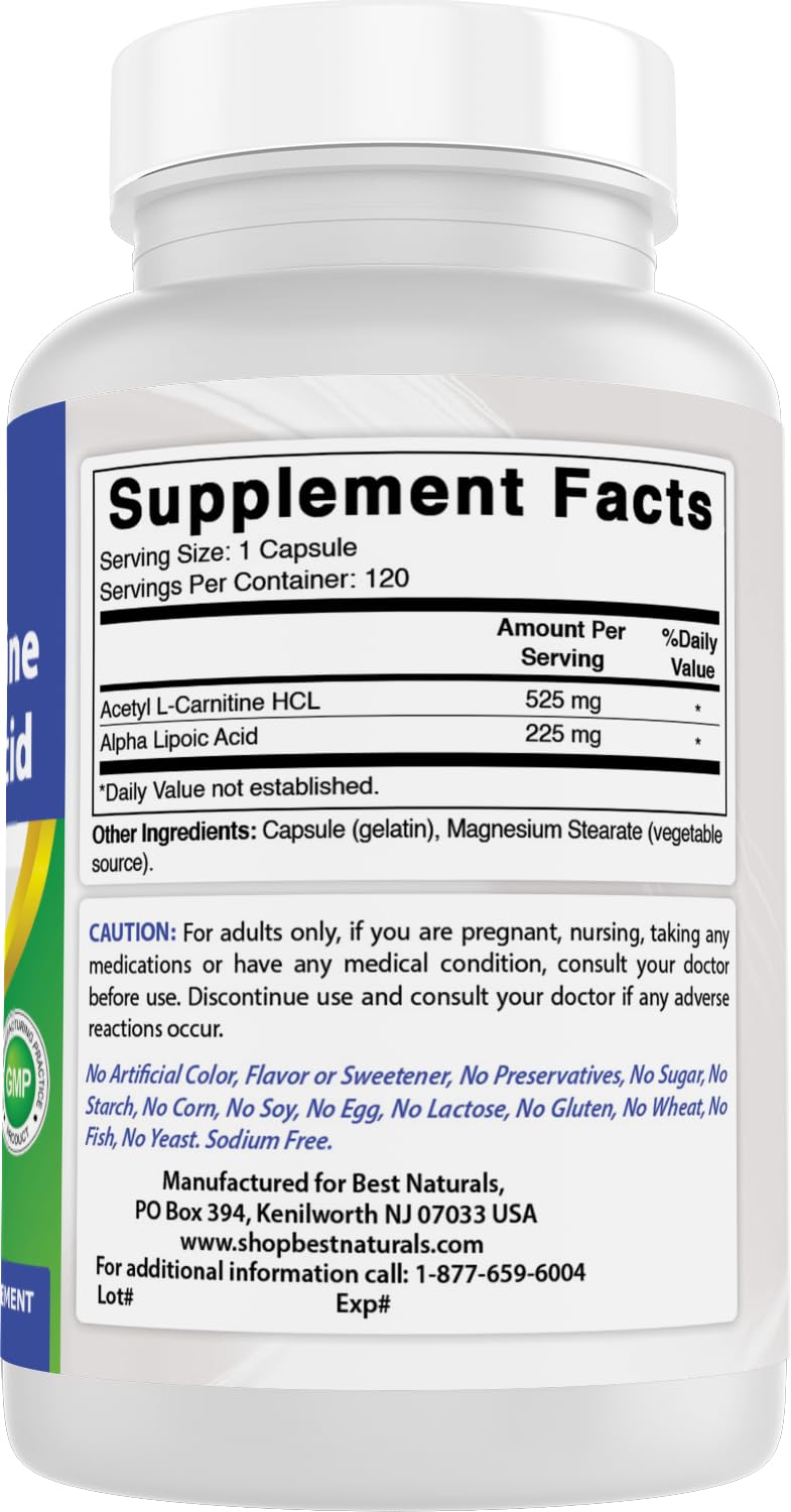 Best Naturals Acetyl L-Carnitine & Alpha Lipoic Acid 750 mg - 120 Capsules