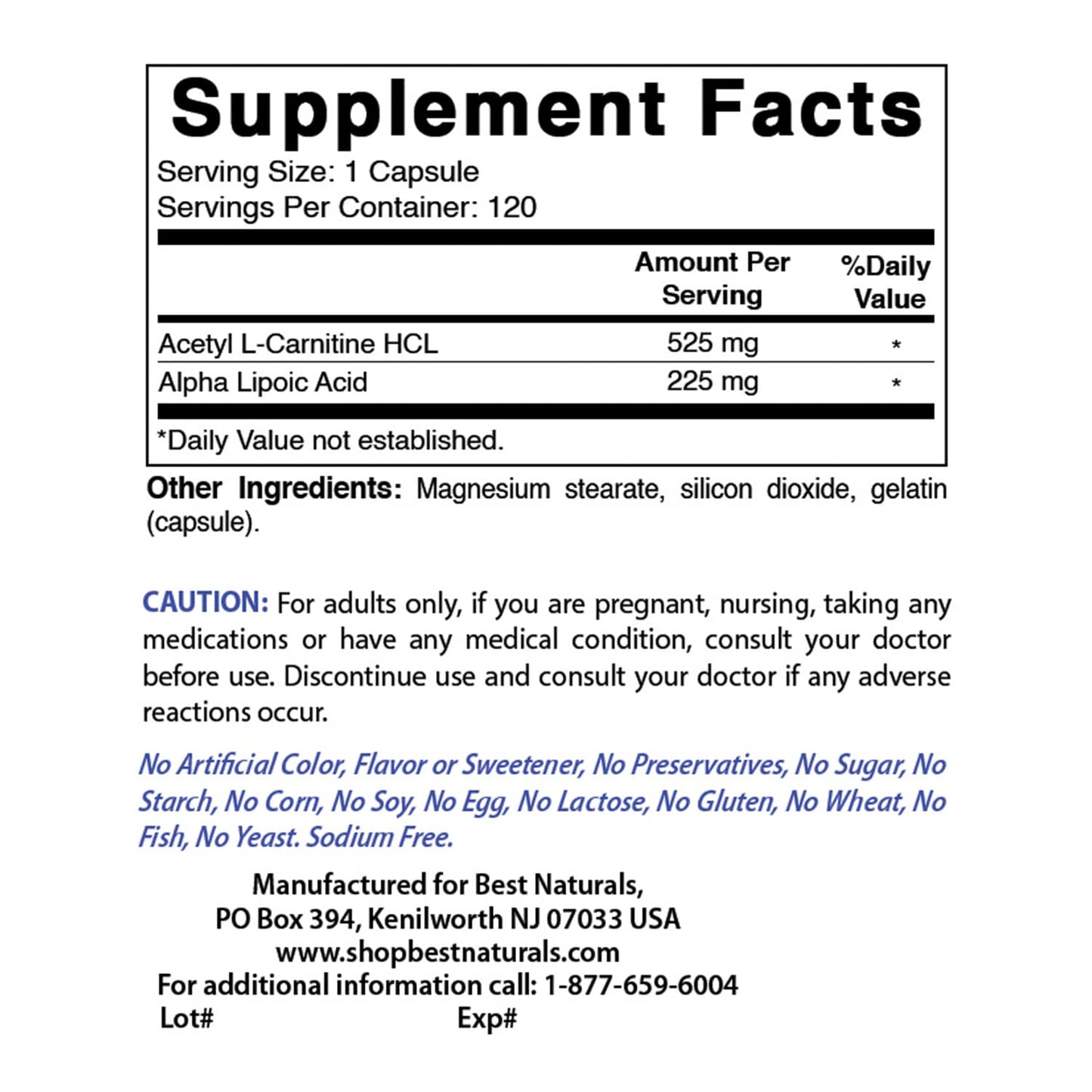 Best Naturals Acetyl L-Carnitine + Alpha Lipoic Acid 750 mg | 120 Capsules (Pack of 2)