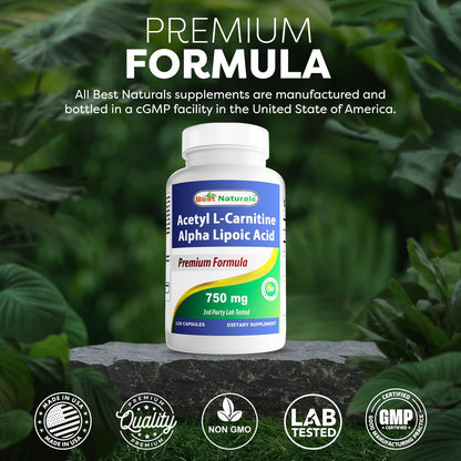 Best Naturals Acetyl L-Carnitine + Alpha Lipoic Acid 750 mg | 120 Capsules (Pack of 2)