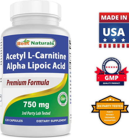 Best Naturals Acetyl L-Carnitine + Alpha Lipoic Acid 750 mg | 120 Capsules (Pack of 2)