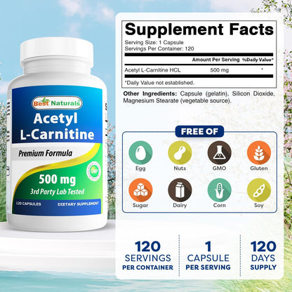 Best Naturals ALCAR 500mg – 120 Capsules, Non-GMO & Gluten-Free