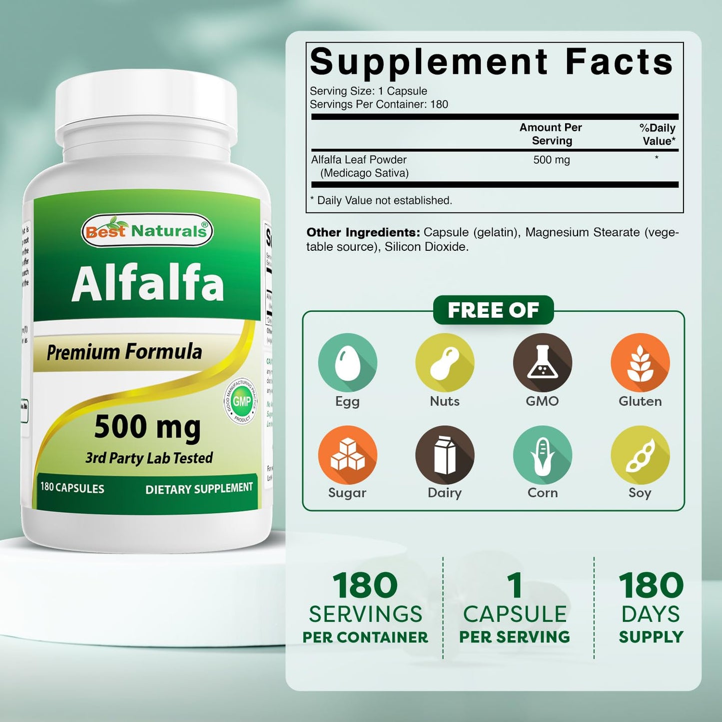 Best Naturals Alfalfa Green Super Food – 500 mg, 180 Capsules (Pack of 1)