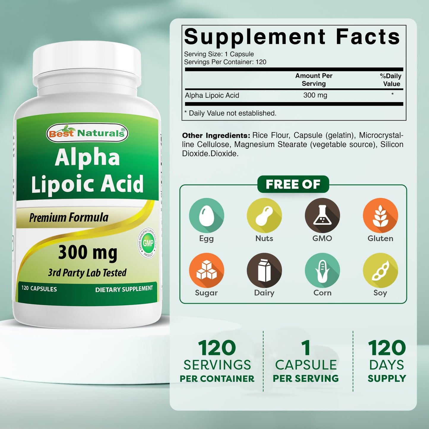 Best Naturals Alpha Lipoic Acid 300 mg - 120 Capsules (Pack of 3)