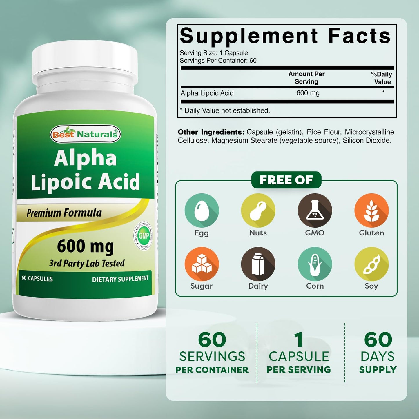 Best Naturals Alpha Lipoic Acid 600 mg – 60 Capsules (Pack of 2) | ALA Antioxidant