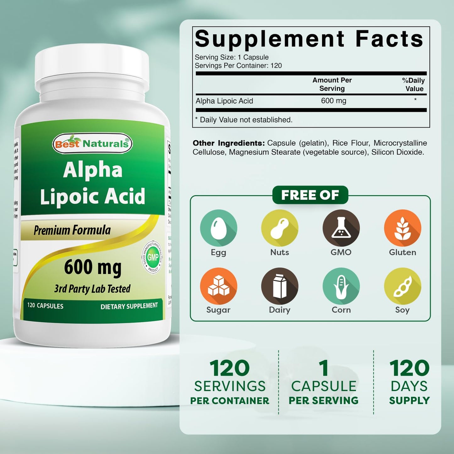 Best Naturals Alpha Lipoic Acid 600 mg | 120 Count (Pack of 2) – Non-GMO, Gluten Free