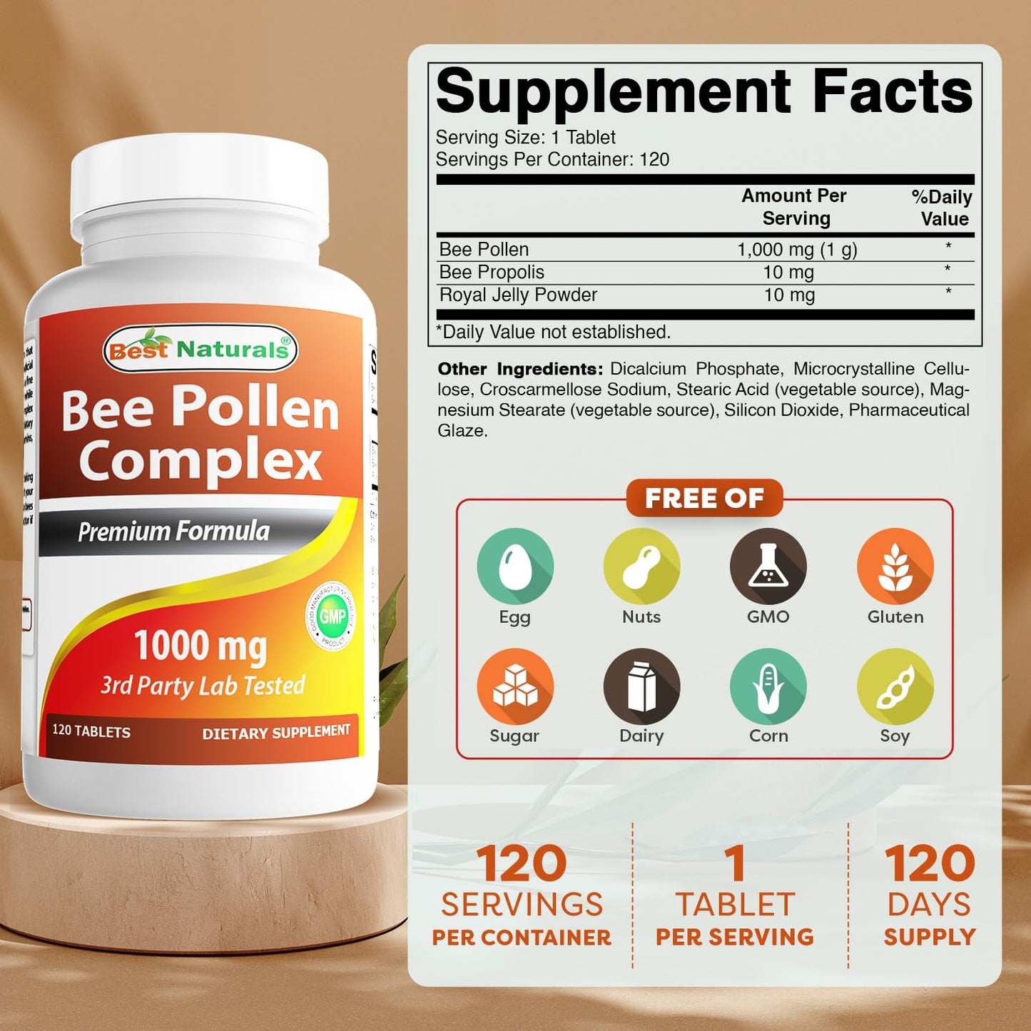 Best Naturals Bee Pollen Complex 1000 mg – 120 Tablets (Pack of 2)