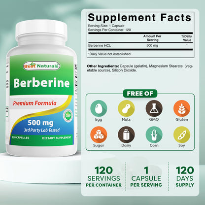 Best Naturals Berberine 500mg 120 Capsules – Immune, Cardiovascular & GI Support (Pack of 2)
