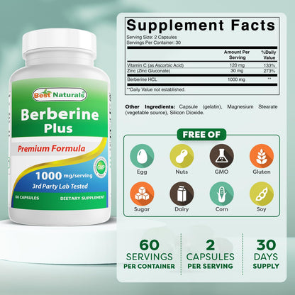 Best Naturals Berberine Plus 1000mg per Serving – Pack of 2, 60 Capsules Each | Non-GMO