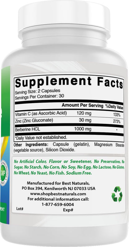 Best Naturals Berberine Plus 1000mg per Serving – Pack of 2, 60 Capsules Each | Non-GMO