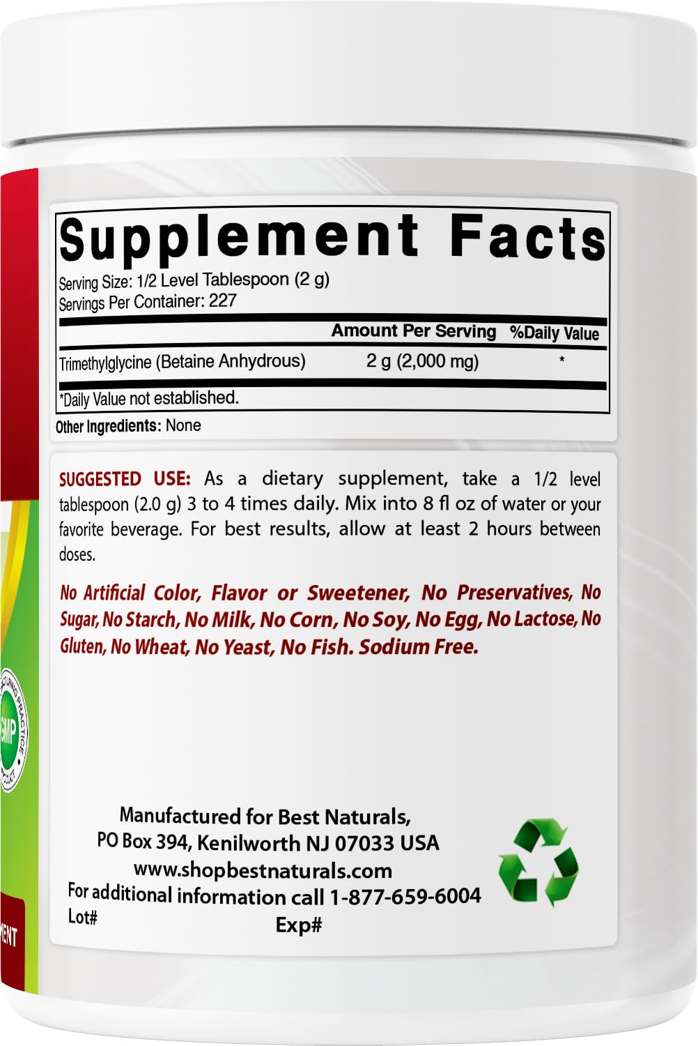 Best Naturals Betaine Anhydrous (TMG) Pure Powder - 1 lb Pack of 2