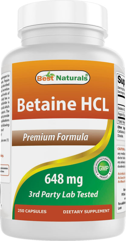 Best Naturals Betaine HCL 648 mg 250 Capsules - Non-GMO & Gluten Free
