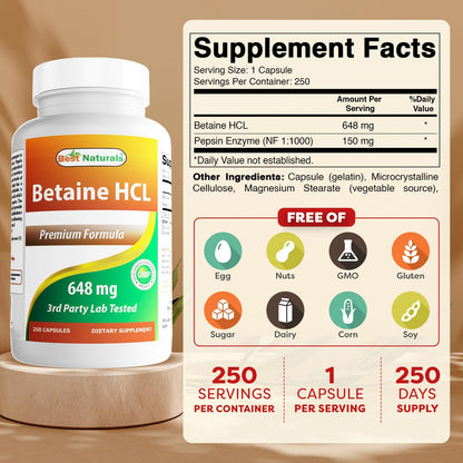 Best Naturals Betaine HCL 648 mg 250 Capsules - Non-GMO & Gluten Free