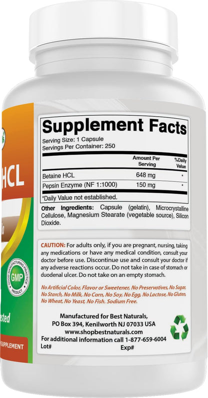 Best Naturals Betaine HCL 648 mg 250 Capsules - Non-GMO & Gluten Free